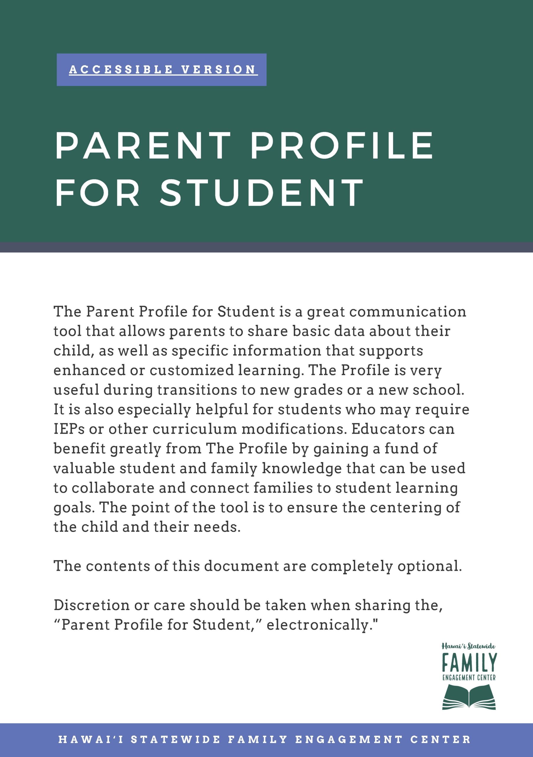 Cover Page of Parent Profile for Student