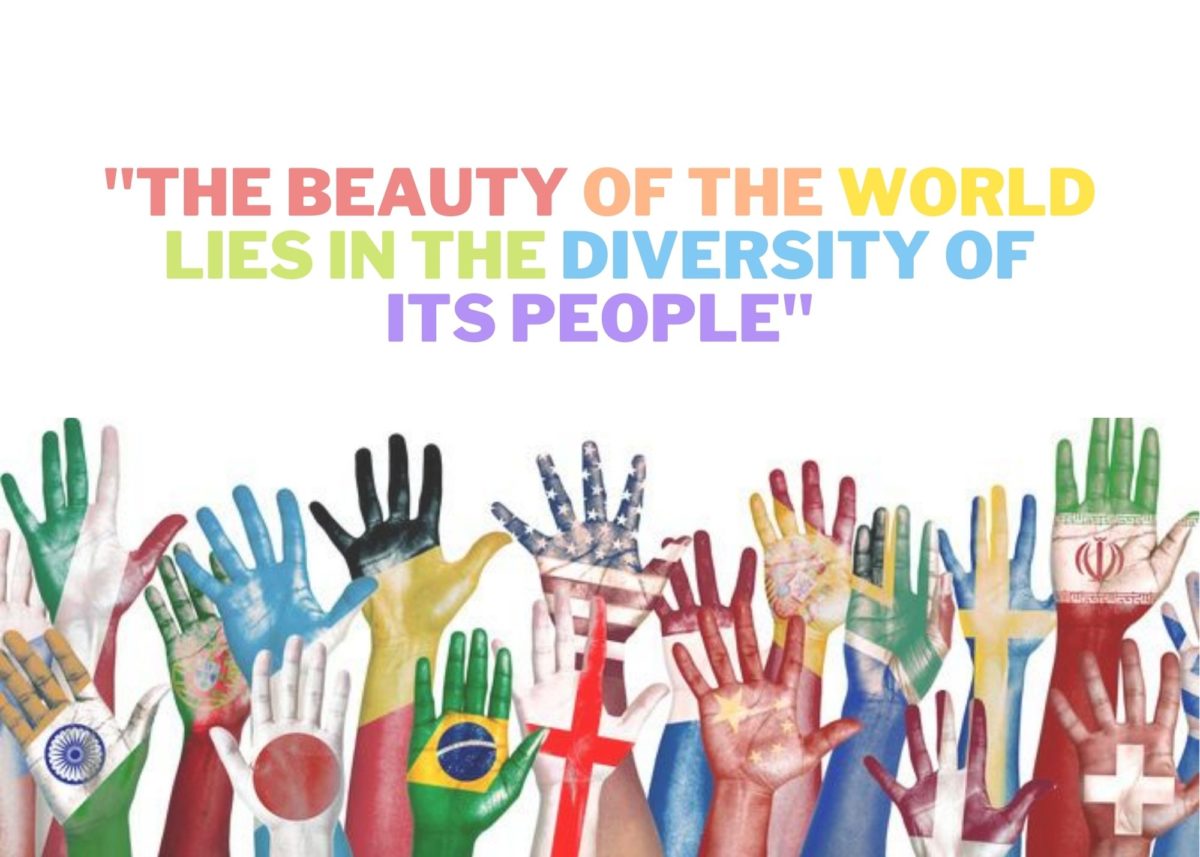 Hands in the air painted with flags from around the world. Text: The beauty of the world lies in the diversity of its people.