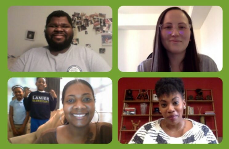 Four screens from a virtual meeting with smiling individuals in each.