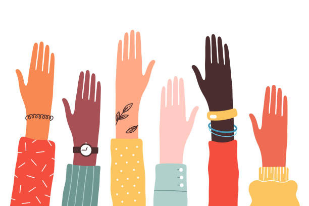Hands of diverse group of people together raised up. Concept of support and cooperation, social community. Vector illustration