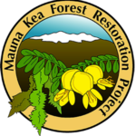 Graphic of mountain and native plants. And Mauna Kea Forest Reforestation Project.