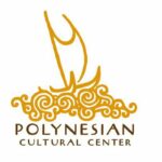 Graphic of golden canoe sailing and waves. Polynesian Cultural Center.