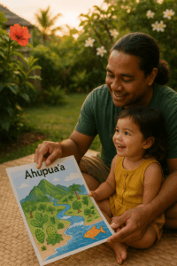 Parent outdoors with child talking about ahupua'a