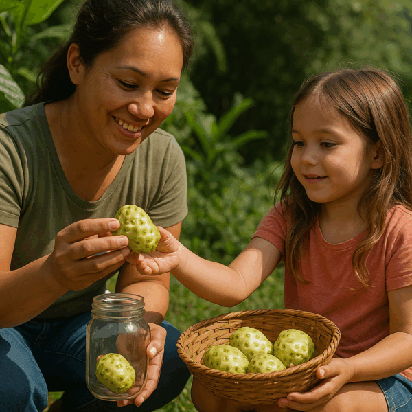 Parent picking noni fruit with their child