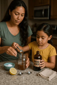 Parent measuring liquid with their child
