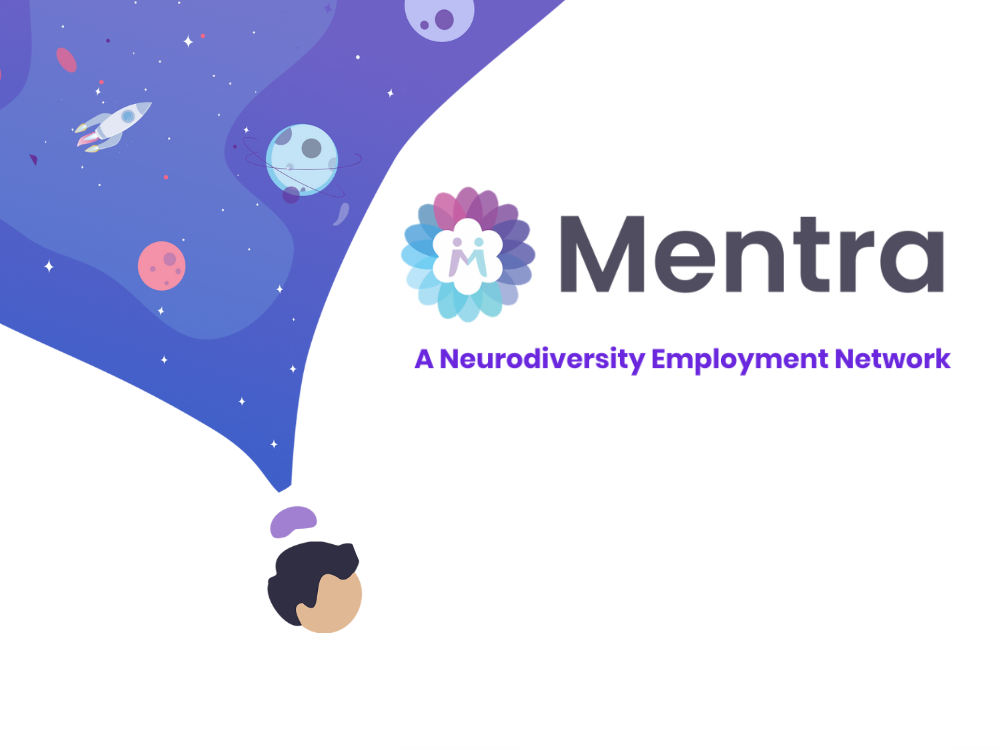 Mentra - A Neurodiversity Employment Network. A head and a universe above the head showing planets and rockets.