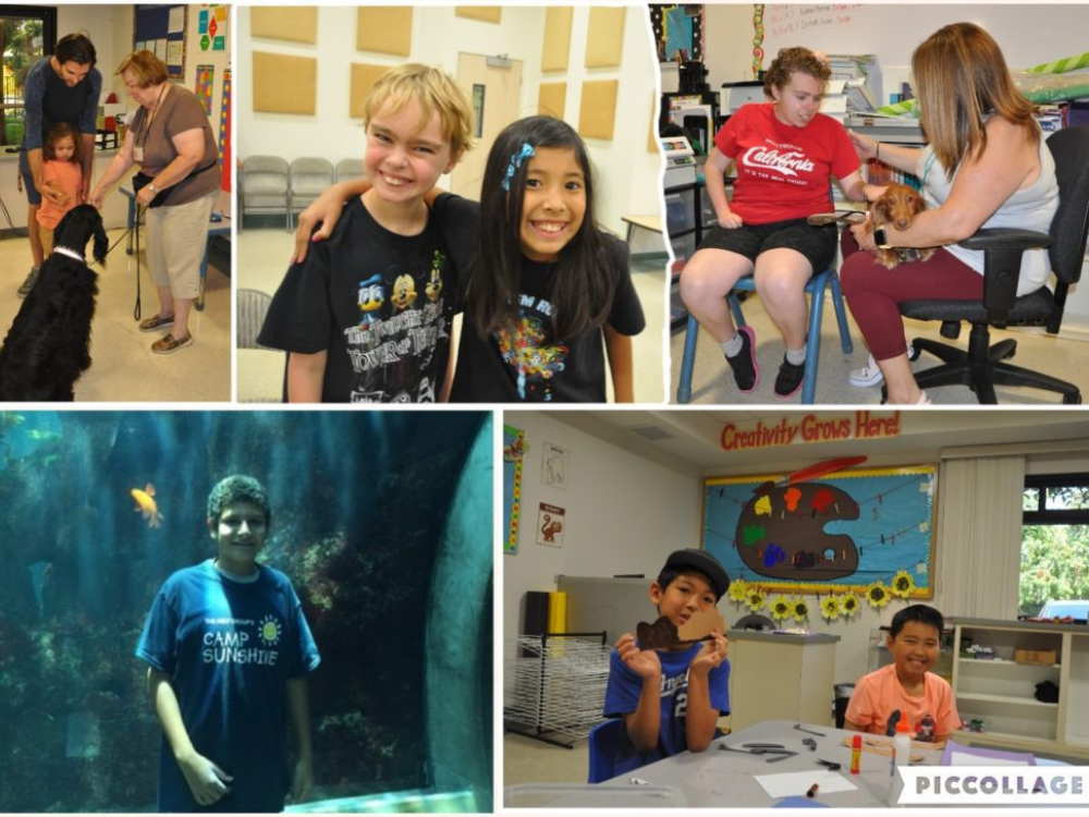 A family with a dog. Two children with their arms around eachother smiling. A teacher is checking a students arm. A boy is standing in front of an aquarium. Two children are sitting at a desk with cardboard cutouts.