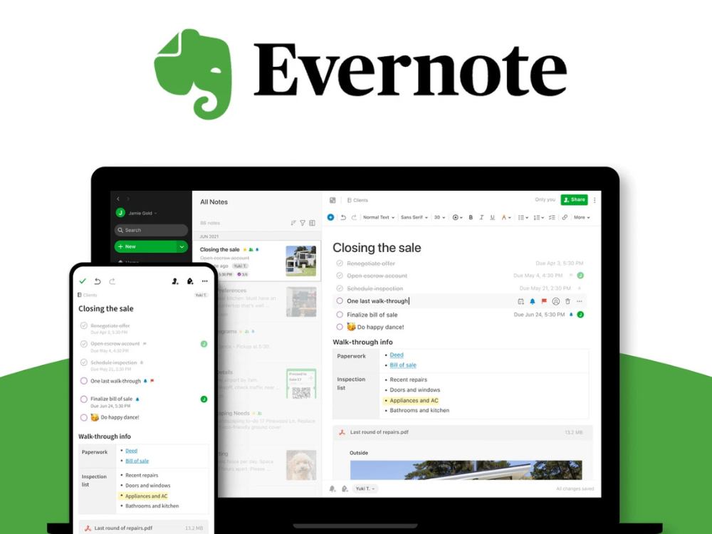 Evernote. An elephant head. A laptop and note showing the evernote app.