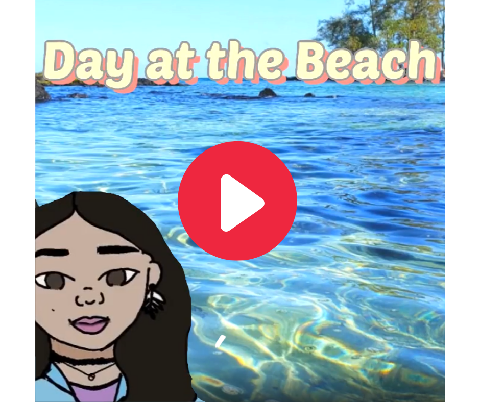 Day at the beach written with drawing of student in front of ocean