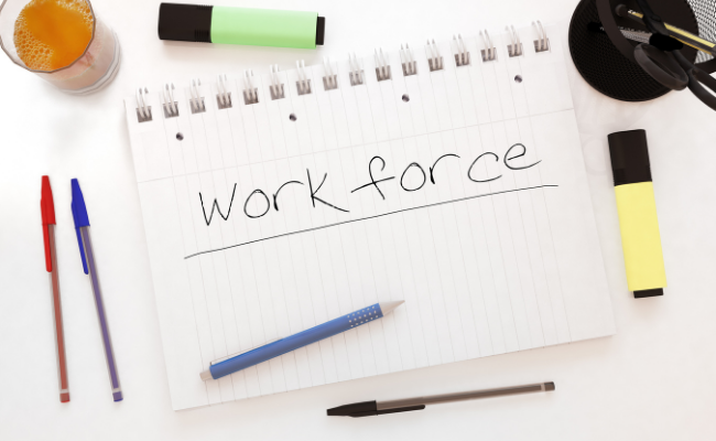 The word "Workforce" written on a notepad with other office supplies