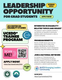Leadership opportunity for grad students through the UH Center on Disability Studies. The HI UCEDD Trainee program offers benefits like a stipend, access to research funding, 6 credits towards a graduate certificate, and individualized mentorship. You can join a national network of trainees through AUCD. Apply by December 1 at https://go.hawaii.edu/yWd. Learn more at https://go.hawaii.edu/hWy.