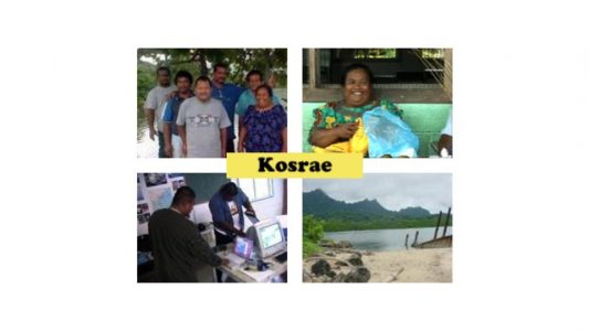 Four images from Kosrae including the team, a shoreline, a participant at the Utwe fair, and a couple people in a computer lab